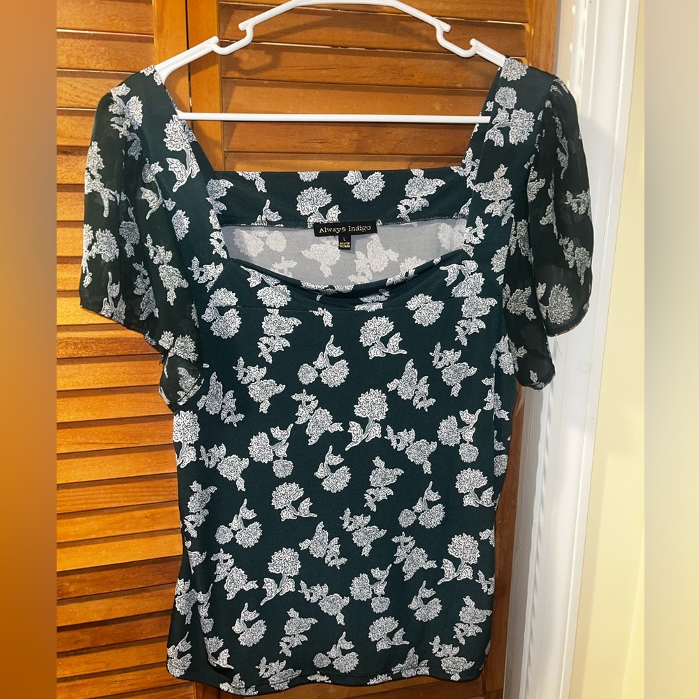 Green and white floral blouse by Always Indigo